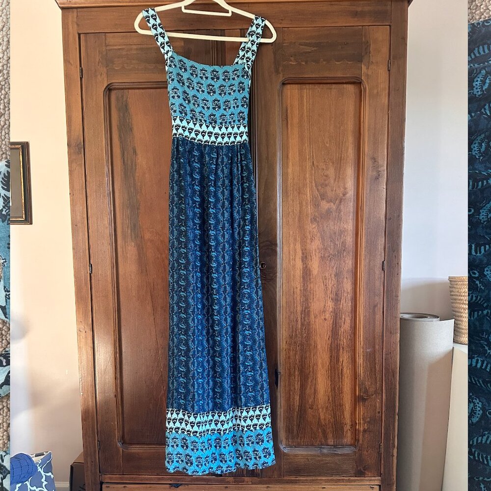 Faherty Gracie linen Maxi Dress Blue Bali Bloom Bohemian M  u